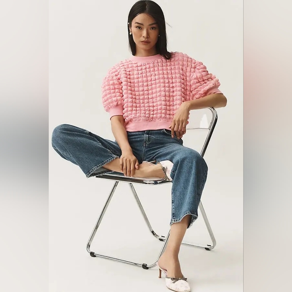 Maeve Anthropologie Puff Sleeve Pastel Pink Bubble Top In M NWT - Picture 4 of 10